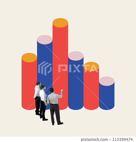 Three businessmen standing near multicolored bar charts and talking. Contemporary art collage. Strategic planning and decision-making process 113399474
