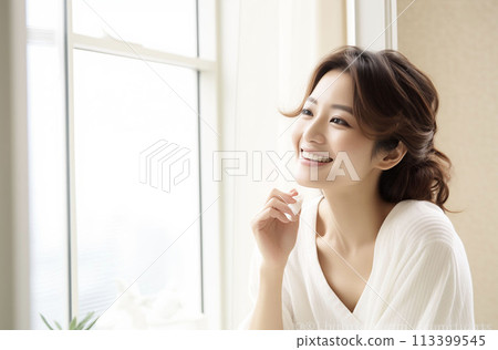Beauty, relaxation, beautiful skin, smiling woman (generative AI) 113399545