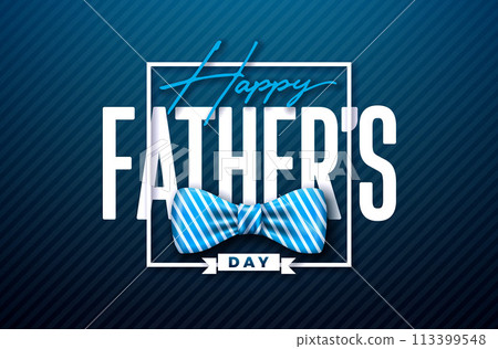 Happy Father's Day Greeting Card Design with Striped Bow Tie and Typography Lettering on Dark Blue Background. Vector Fathers Day Celebration Illustration for Best Dad. Template for Banner, Flyer or 113399548