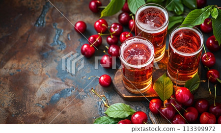 Glasses Of Sparkling Cherry Beer On Rustic Table, Fresh Cherries In Foreground, Summer. AI Generated 113399972