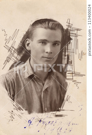 Vintage photo of a young man of twenty years old. Photo from 1929. USSR, Rostov. Vintage photo of a young man of twenty years old. Photo from 1929. USSR, Rostov. 113400024