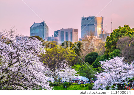 日本千鳥淵的東京城市景觀，櫻花盛開。後面是沐浴在夕陽下的東京鐵塔和虎之門Hills車站... = 7th 113400054