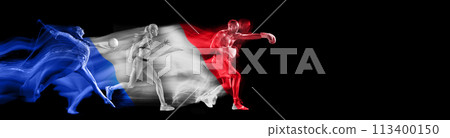 Athletes of different kind of sports, box, run and gymnastics in motion, training on black background with flag of France element 113400150