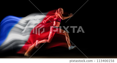 Dynamic image of competitive young woman, runner in motion, running on black background with flag of France element Dynamic image of competitive young woman, runner in motion, running on black background with flag of France element 113400158