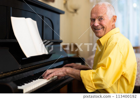 Old man playing piano at home Old man playing piano at home 113400192