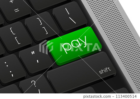 Pay button. Computer Keyboard. Word on pc computer keyboard. Vector illustration. 113400514