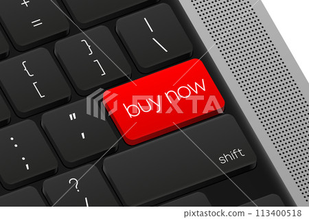 Buy Now button. Computer Keyboard. Word on pc computer keyboard. Vector illustration. 113400518