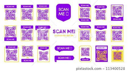 Scan Me. QR code scan for smartphone. Qr code set. QR code for mobile app, payment and phone. Vector illustration. Scan Me. QR code scan for smartphone. Qr code set. QR code for mobile app, payment and phone. Vector illustration. 113400528