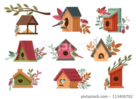 Cartoon birds and starling boxes. Little bird feeder and rustic wooden homes with floral decorations vector illustration set 113400782
