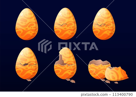 Cartoon magic egg hatching animation. Dragon eggs incubation, animated from cracks to shattered pieces of egg breaking open vector illustration set Cartoon magic egg hatching animation. Dragon eggs incubation, animated from cracks to shattered pieces of egg breaking open vector illustration set 113400790