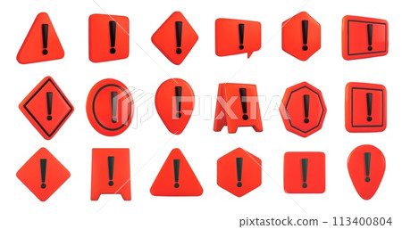 Red 3D warning signs. Hazard danger symbols with exclamation marks, emergency caution safety icons and attention alert signs vector illustration set Red 3D warning signs. Hazard danger symbols with exclamation marks, emergency caution safety icons and attention alert signs vector illustration set 113400804