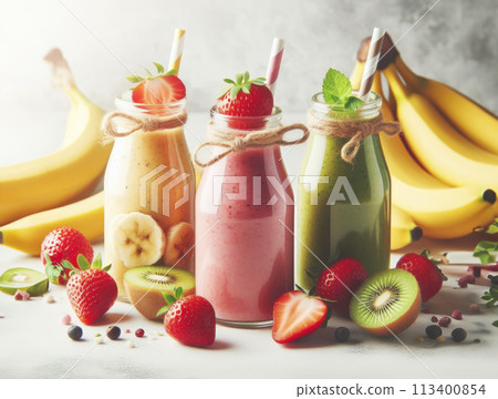 Three bottles of smoothies of different flavors, strawberry, banana, blueberry. Vegetarian and healthy delicious food. 113400854