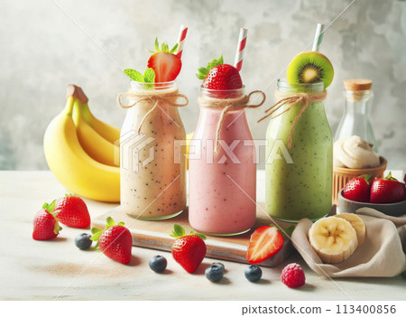 Three bottles of smoothies of different flavors, strawberry, banana, blueberry. Vegetarian and healthy delicious food. 113400856
