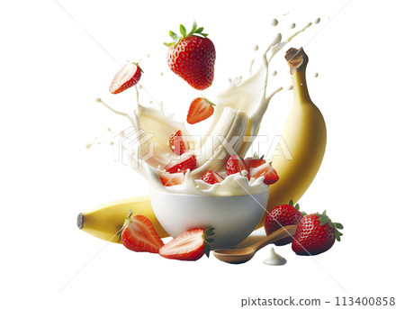 Three bottles of smoothies of different flavors, strawberry, banana, blueberry. Vegetarian and healthy delicious food. 113400858