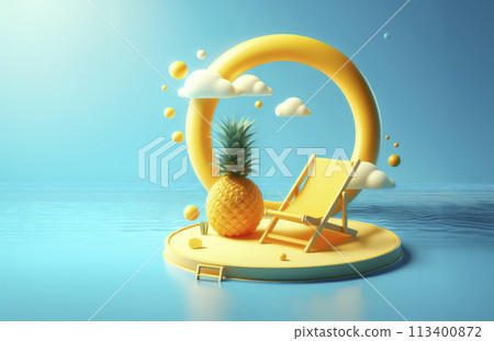 An artistic 3D rendering of a pineapple beside a beach chair, symbolizing leisure and happiness. The azure water and calm sky in the background add to the outdoor furnitures tranquil atmosphere 113400872