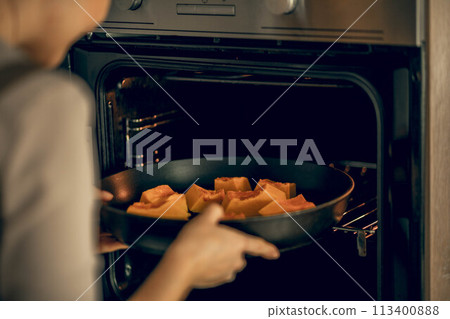 young woman in an apron puts a dish with pumpkin in an electric oven for baking in kitchen 113400888