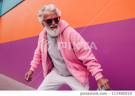 Smiling happy cool gray haired bearded hipster old senior man skater with skateboard in hand on pink background. Older people freedom spirit concept 113400919
