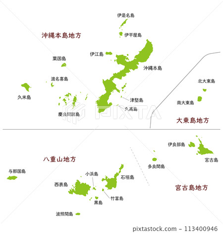 整個沖繩縣的地圖，包括島嶼名稱和日語當地名稱，包括偏遠島嶼。 113400946
