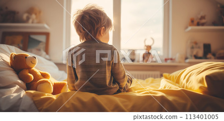 Sad depressed lonely child sitting at home. Concept of the family and social relation. 113401005