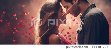 Young couple standing secretly before kissing each other's faces. Concept of Valentine's Day. 113401224