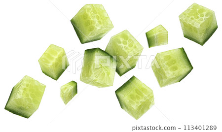Falling cucumber cubes isolated on white background with clipping path, full depth of field Falling cucumber cubes isolated on white background with clipping path, full depth of field 113401289