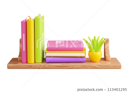 Book stack with hard cover standing and laying, and green flower in pot on wooden shelf. 3D render illustration of literature row with plant on bookshelf with wood texture for reading and education. 113401295