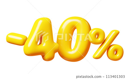 Balloon number minus forty percent sign for sale concept. 3d render illustration of yellow plastic glossy discount typography -40. Cartoon bubble element percentage off for special offer promotion. Balloon number minus forty percent sign for sale concept. 3d render illustration of yellow plastic glossy discount typography -40. Cartoon bubble element percentage off for special offer promotion. 113401303
