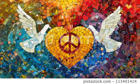 Heart-Shaped Mosaic Made up of Peace Symbols: Olive Branches, White Doves, Peace Sign. AI Generated Heart-Shaped Mosaic Made up of Peace Symbols: Olive Branches, White Doves, Peace Sign. AI Generated 113401424