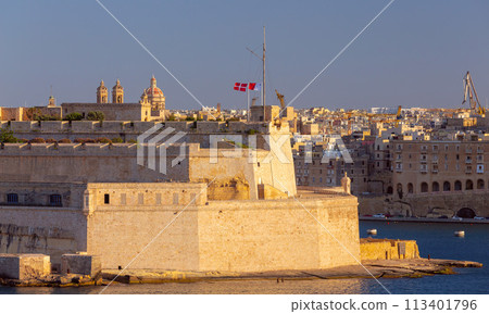 Old forts on the stone city wall above Valletta Bay. Old forts on the stone city wall above Valletta Bay. 113401796