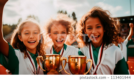 Kids with medals and trophy cup Kids with medals and trophy cup 113401944