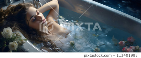 Young woman lying in bathtub Young woman lying in bathtub 113401995