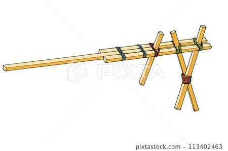 Handmade toy: Colorful rubber band chopstick gun, 3D illustration Handmade toy: Colorful rubber band chopstick gun, 3D illustration 113402463