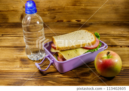 Lunch box with sandwiches, bottle of water and apple on a wooden table Lunch box with sandwiches, bottle of water and apple on a wooden table 113402605