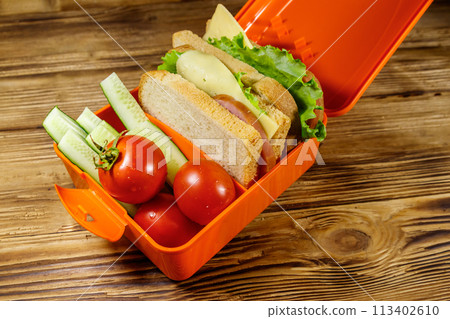 Lunch box with sandwiches and fresh vegetables on a wooden table Lunch box with sandwiches and fresh vegetables on a wooden table 113402610