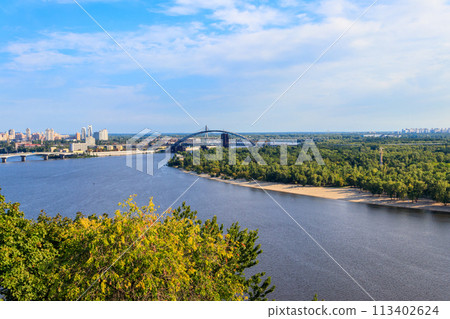 View of the Dnieper river and Kiev cityscape, Ukraine 113402624
