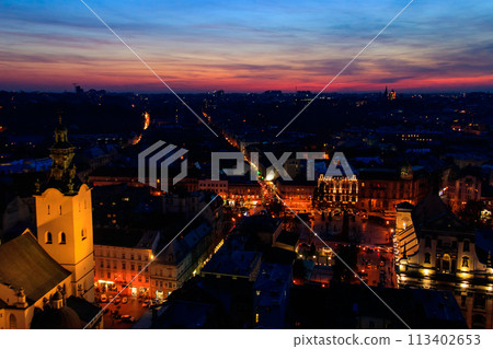 Aerial night view of the old town of Lviv in Ukraine. Lvov cityscape. View from tower of Lviv town hall Aerial night view of the old town of Lviv in Ukraine. Lvov cityscape. View from tower of Lviv town hall 113402653