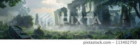 Ancient kingdom ruins, overgrown, dawn mist, wide shot, forgotten glory painting , high resolution DSLR 113402750