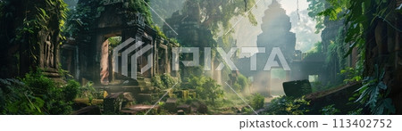 Ancient kingdom ruins, overgrown, dawn mist, wide shot, forgotten glory painting , high resolution DSLR 113402752