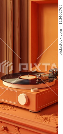 Classic turntable in 3D clay, warm room setting, vinyl texture, music lovera  s dream, retro feel art , professional color grading 113402763