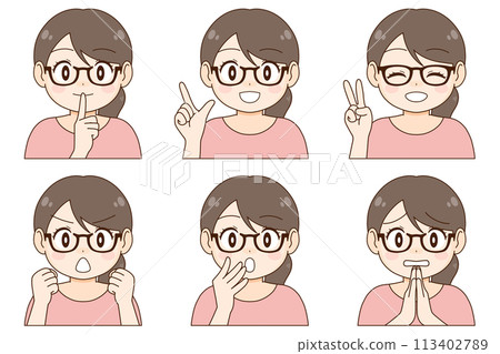 一組戴眼鏡的年輕女子的 6 種不同表情和姿勢 113402789