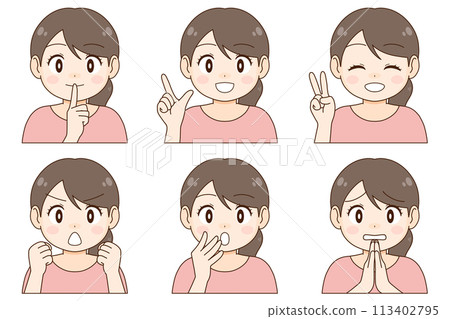 A set of six different expressions and poses of a young woman 113402795