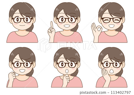 A set of six different expressions and poses of a young woman wearing glasses 113402797