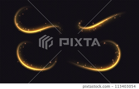 Golden light trails, light in motion, glowing speed lines with sparkles. Bright gold decoration, luminescent swirls. Golden light trails, light in motion, glowing speed lines with sparkles. Bright gold decoration, luminescent swirls. 113403054