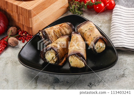 Baked eggplant roll with cheese Baked eggplant roll with cheese 113403241
