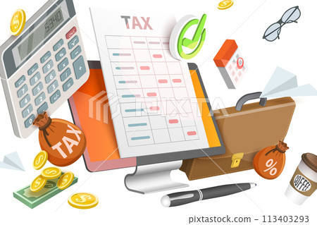 3D  Conceptual Illustration of Tax Calculator 113403293