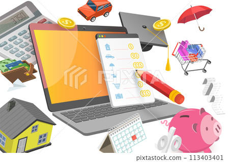 3D Isometric Flat  Conceptual Illustration of Budget Management Software 113403401