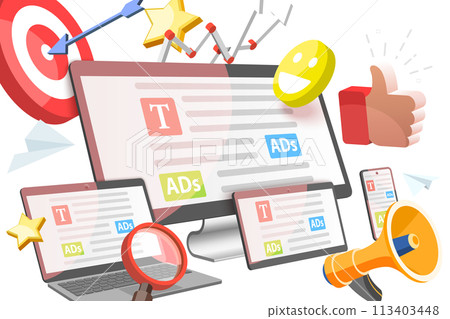 3D Isometric Flat  Conceptual Illustration of Social Display Ads 113403448