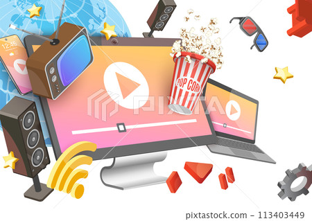 3D  Conceptual Illustration of Online TV 113403449