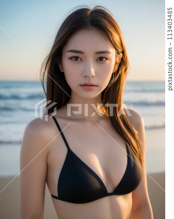 一個長髮女子穿著泳衣在海邊做可愛的臉 113403485