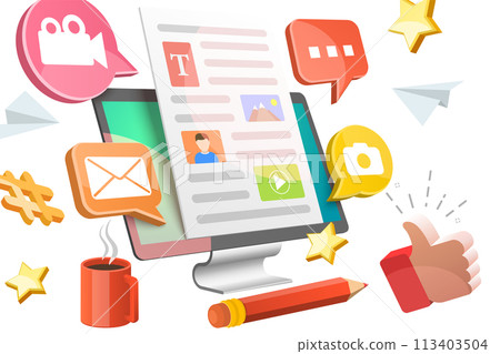 3D Isometric Flat  Conceptual Illustration of Blog Content Creating 113403504